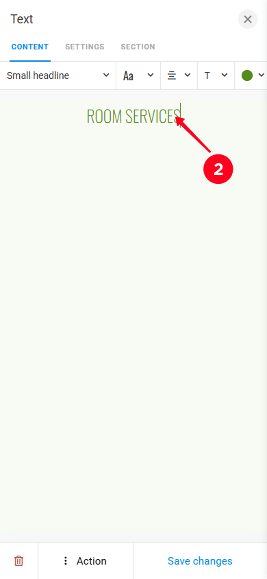 Entering text in the text settings window in the page editor