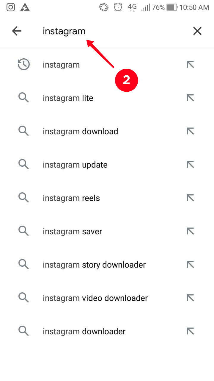 Writing Instagram in the search bar of the Google Play