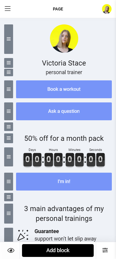 Instagram link in bio page with booking buttons and a timer made on Taplink