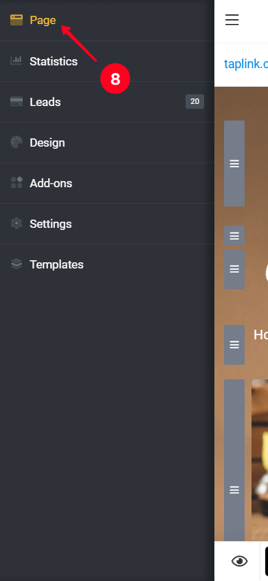 Opening the Page tab in the landing page builder