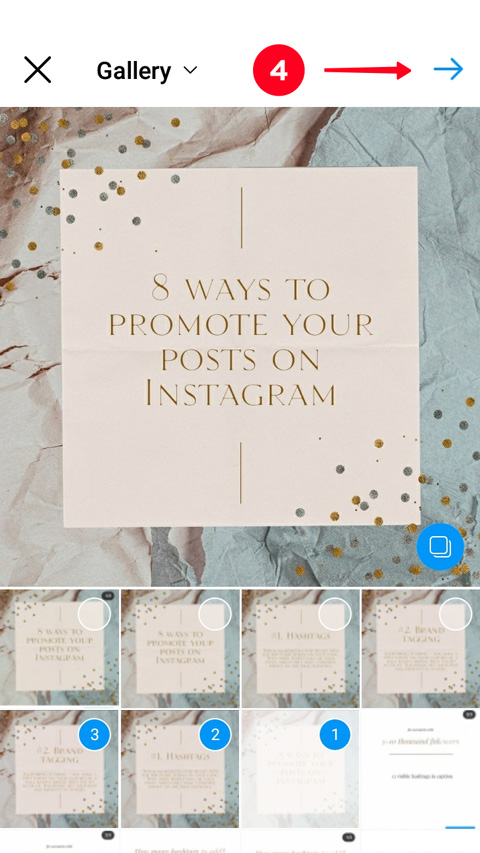 Choose multiple photos for ab Instagram post and tapping next