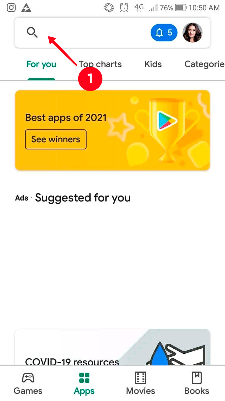 Tapping the search bar in the Google Play on Android