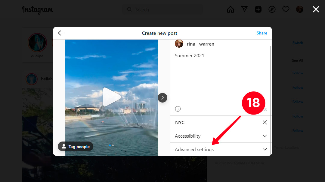 Tapping the Advanced settings in the Instagram posting menu