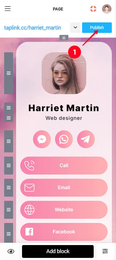 Tapping Publish in Taplink business card editor