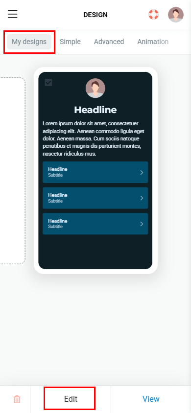 The My designs tab and the Edit button highlighted in the theme library