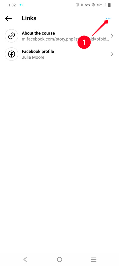 Tapping the three dot icon in the Instagram profile links menu
