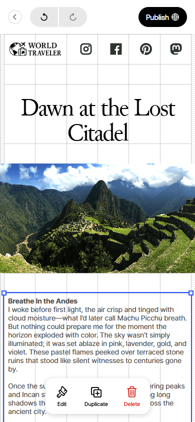 A mobile website editor in Universe Website Builder