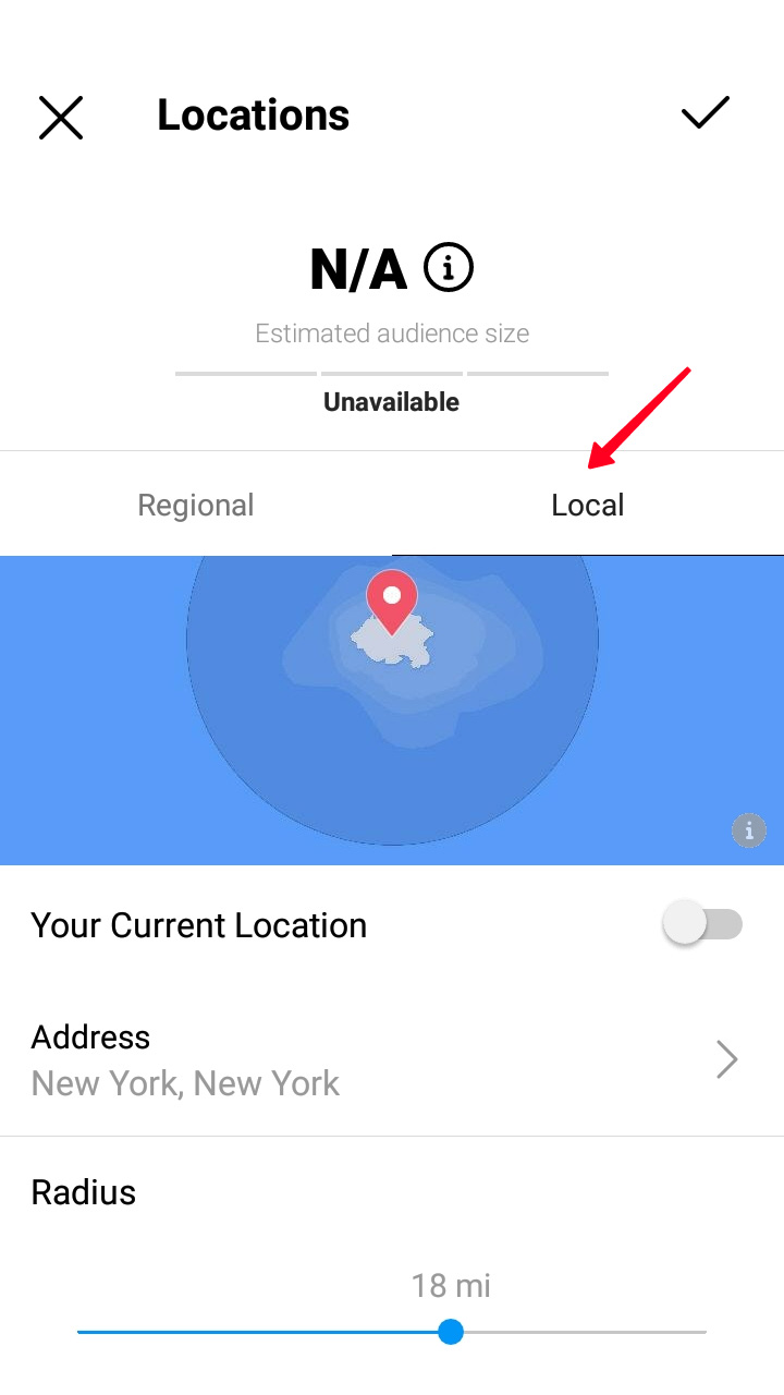 Highlighted Local tab in the Location settings of a targeted audience