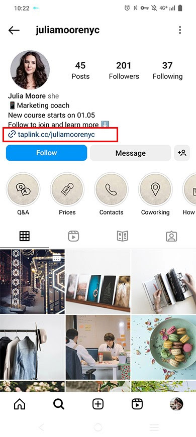 Highlighted Taplink page link in an Instagram bio