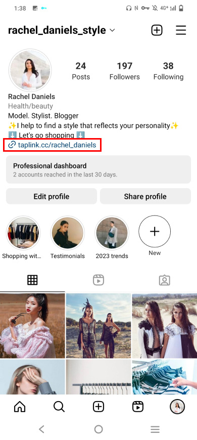 Highlighted Taplink page link in an Instagram bio