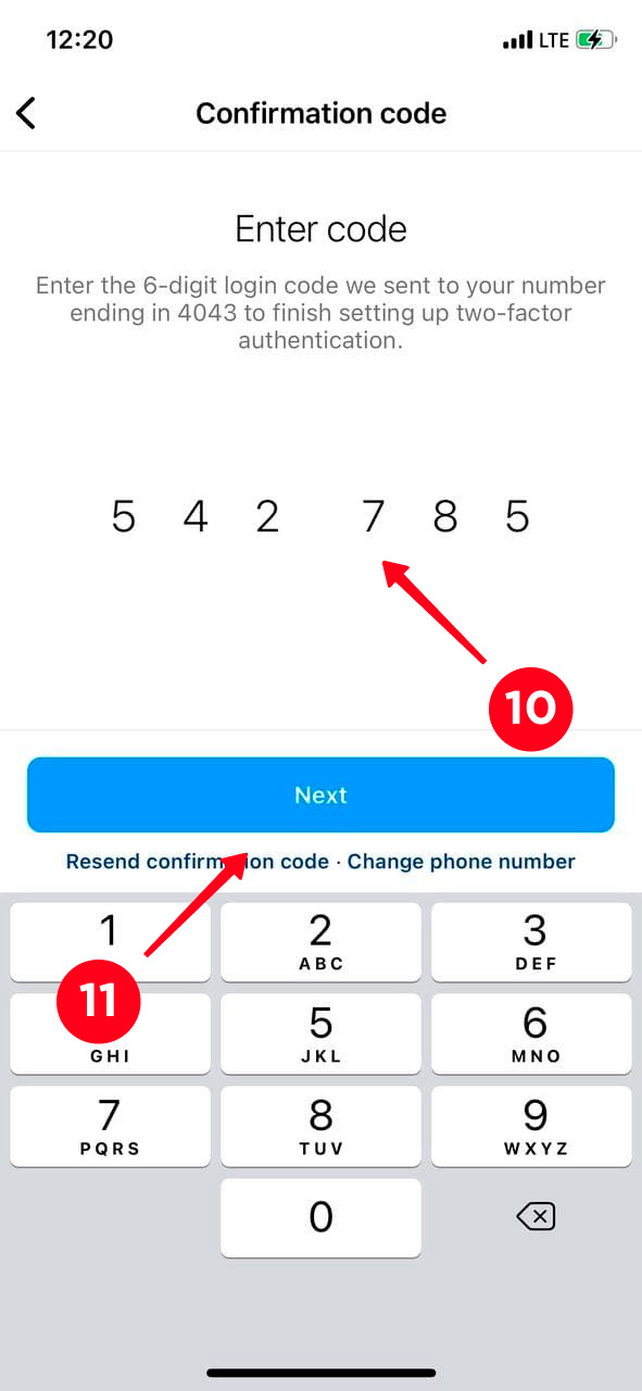 Confirming a new phone number on Instagram