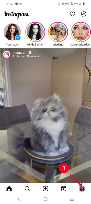 Switching to the profile page in the Instagram app