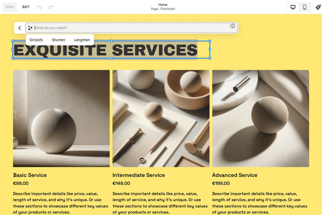 A pet store website editor in the Squarespace AI-based website builder