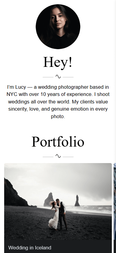Top of the link tree design for a photographer