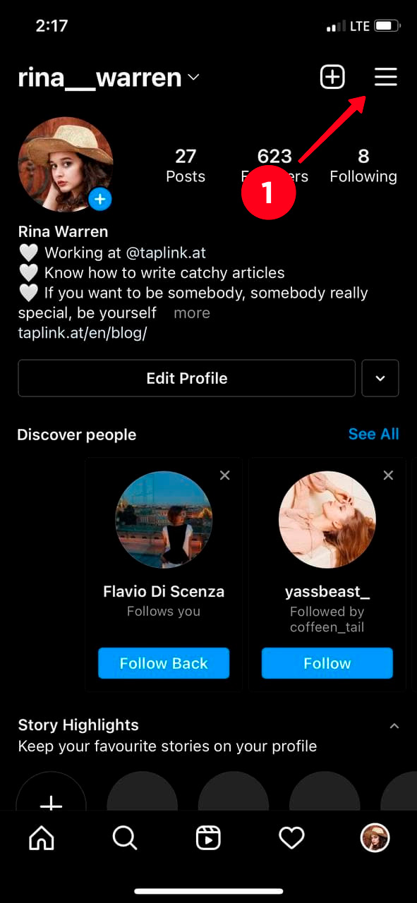Tapping the hamburger menu on an Instagram profile page