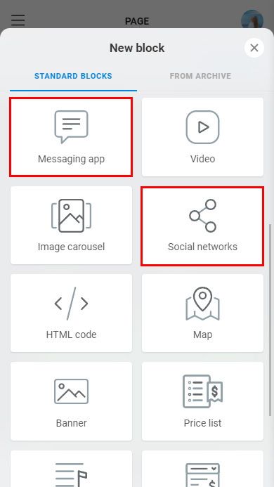 Highlighted Messaging app and Social networks blocks on the list of Taplink blocks
