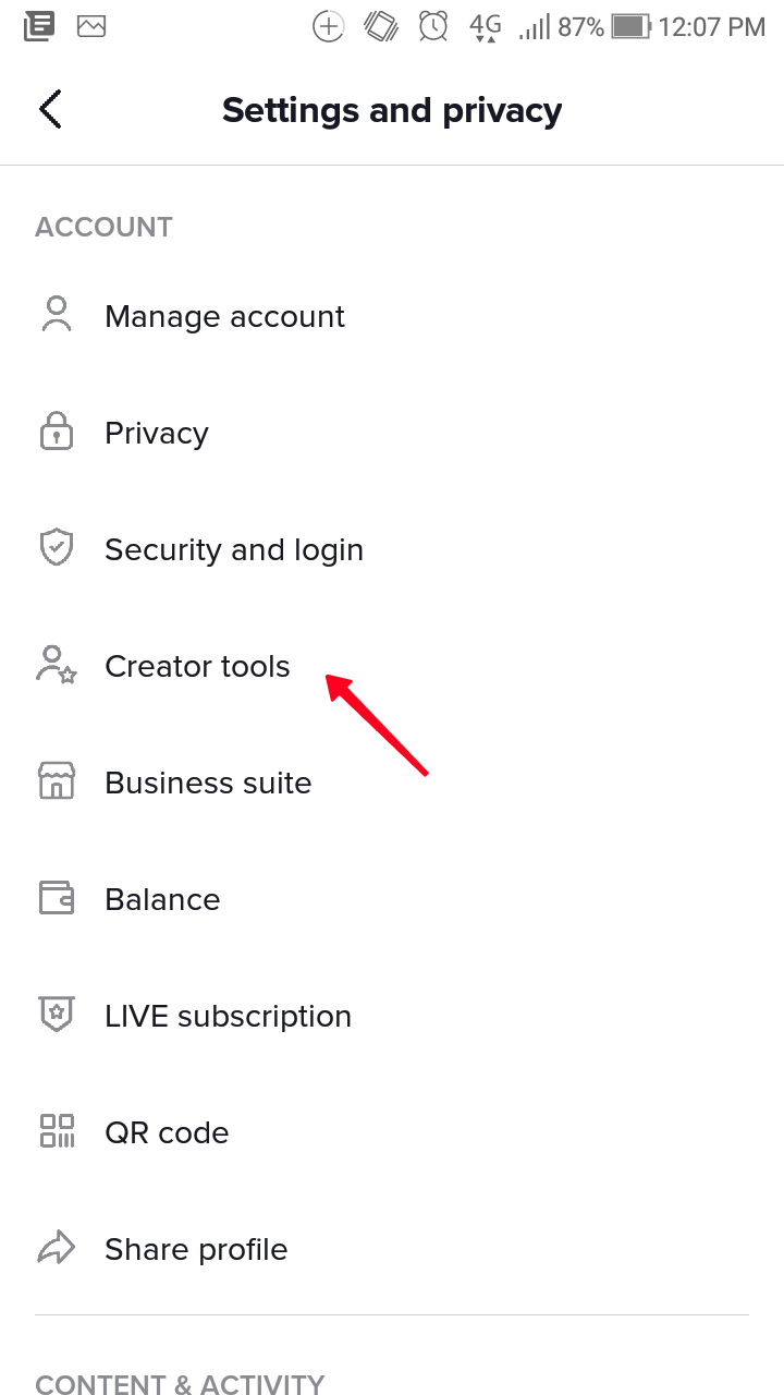 Highlighted Creator tools in the TikTok app on a smartphone