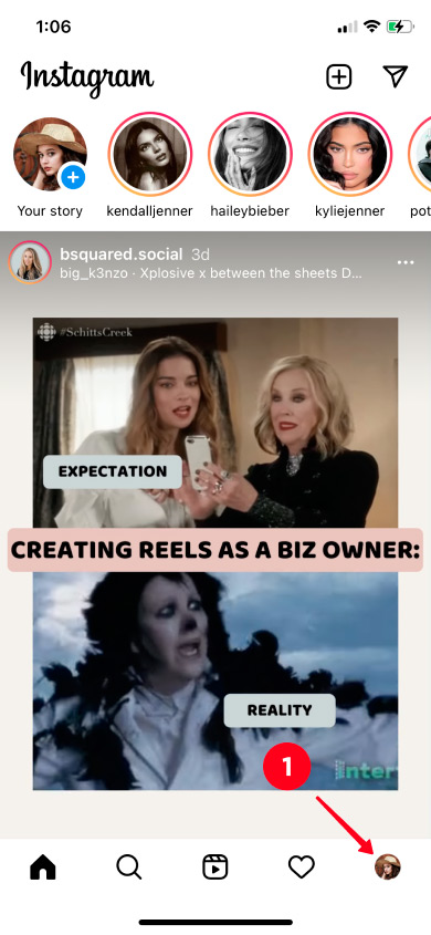 Switching to the profile tab in the Instagram app