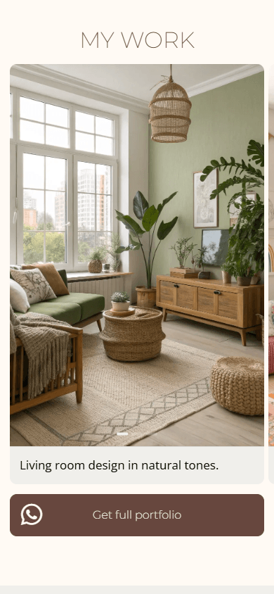Portfolio photos and captions created with Taplink’s Image carousel block on an interior designer’s page