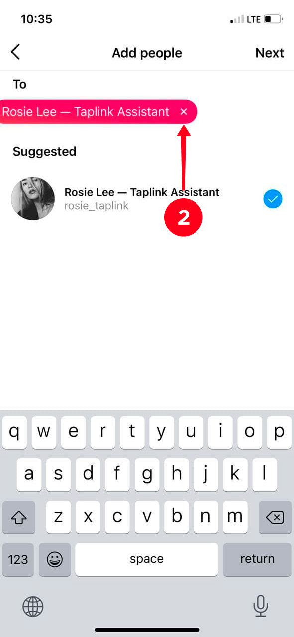 Tapping the cross near a username in the Instagram Direct