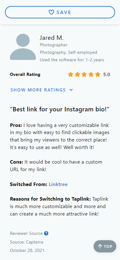 Una recensione su Capterra che dice che Taplink è il migliore per creare una pagina bio