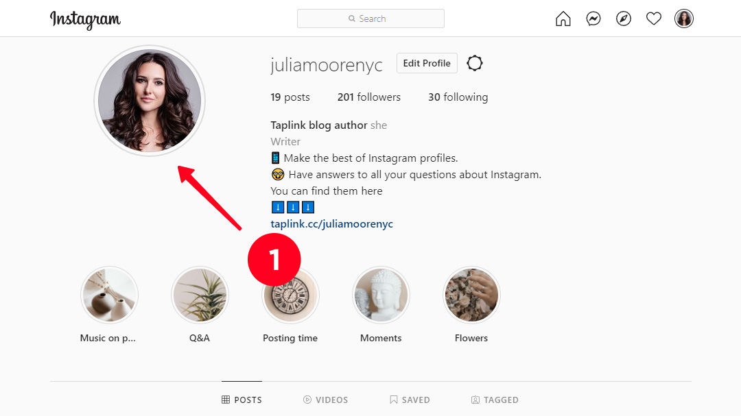 Tapping the profile photo on Instagram on a computer