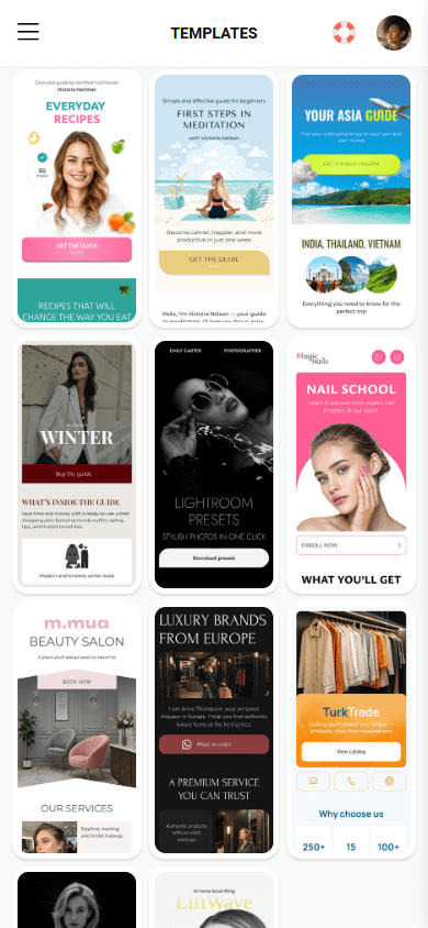 The first part of the link tree templates available in Taplink, a link tree for TikTok builder