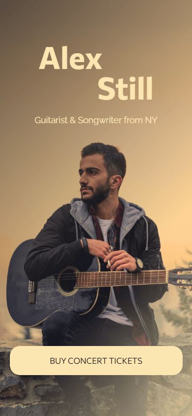 Top section of the Taplink-built musician’s page made in Tap Bio style