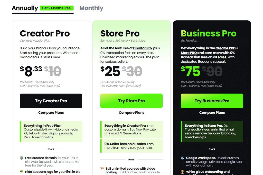 A page showing Beacons’s plans and their pricing