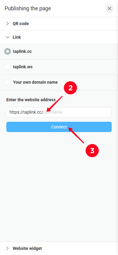 Entering a username in the Enter the website address and tapping Connect on the website publication page