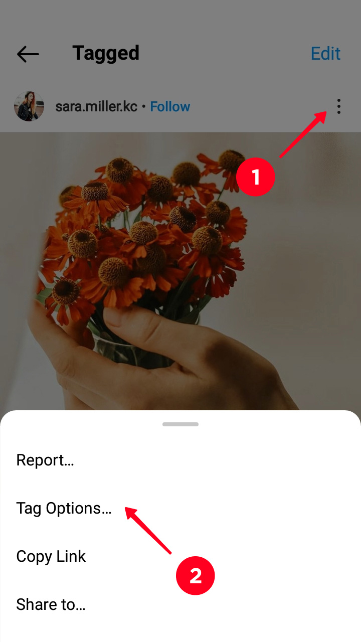 Opening the Tag Options menu of an Instagram post