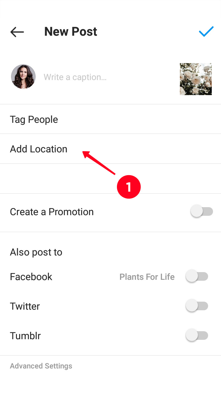 Tocar Agregar ubicación en el menú de publicaciones de Instagram