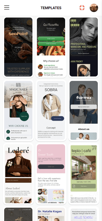 Nine page templates in the Taplink link in bio tool