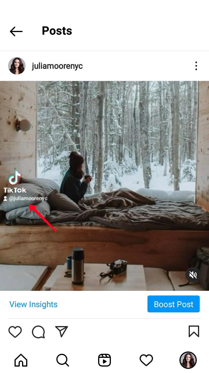 Highlighted TikTok username in a reposted video in the Instagram feed