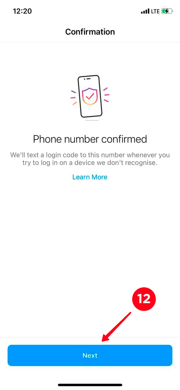 Tapping Next when changing the phone number on Instagram