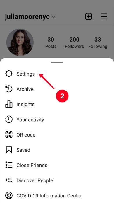 Choosing Settings on the list in the Instagram app