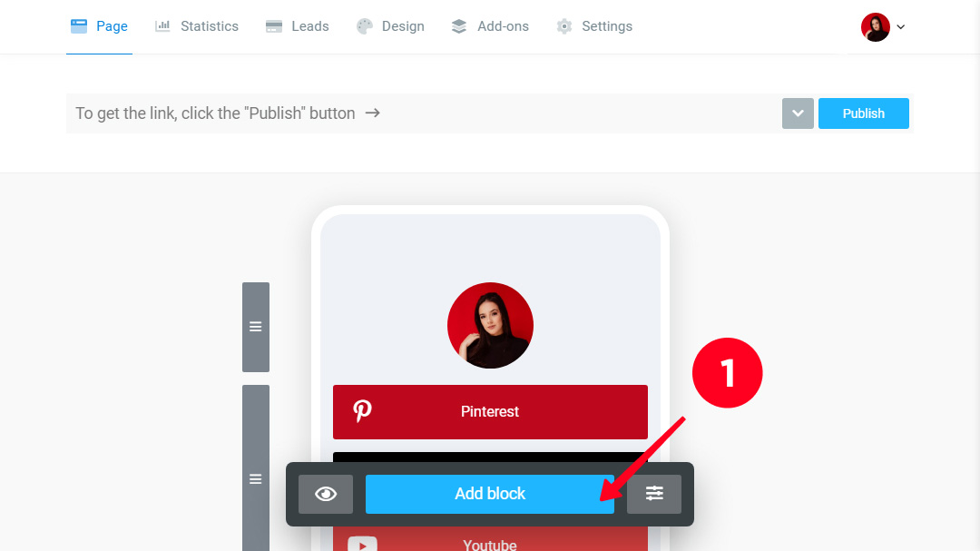 Adding a new Taplink block in the desktop browser
