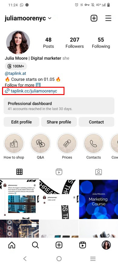 Highlighted link to a business card in an Instagram bio