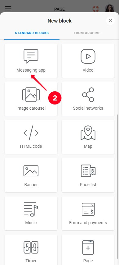 Choosing messaging app on the list of Taplink blocks