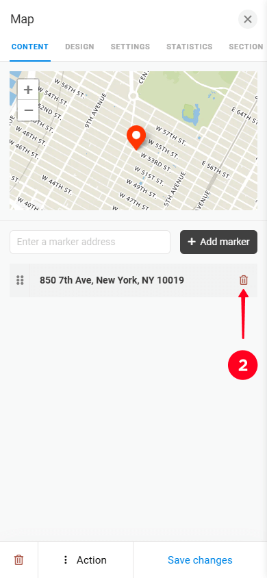 Tapping the trash icon in the map customization window in the website editor