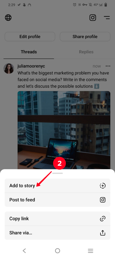 Choosing Add to story on the list of sharing options