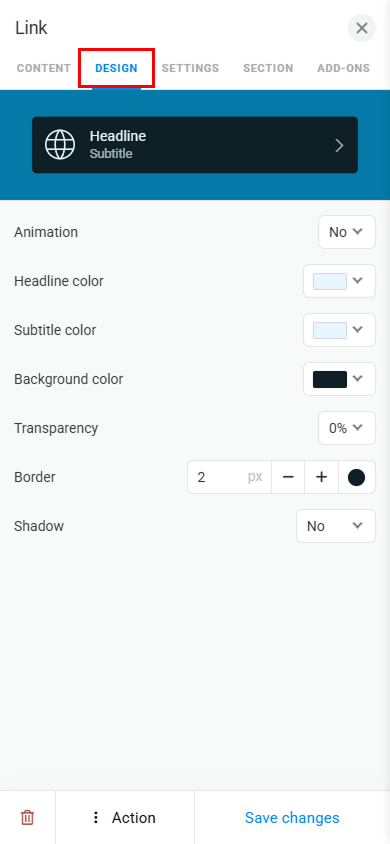The Design tab highlighted in the Link block settings