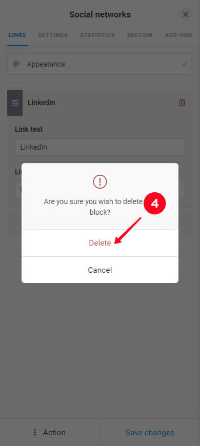 Choosing Delete in the popup window in the block settings