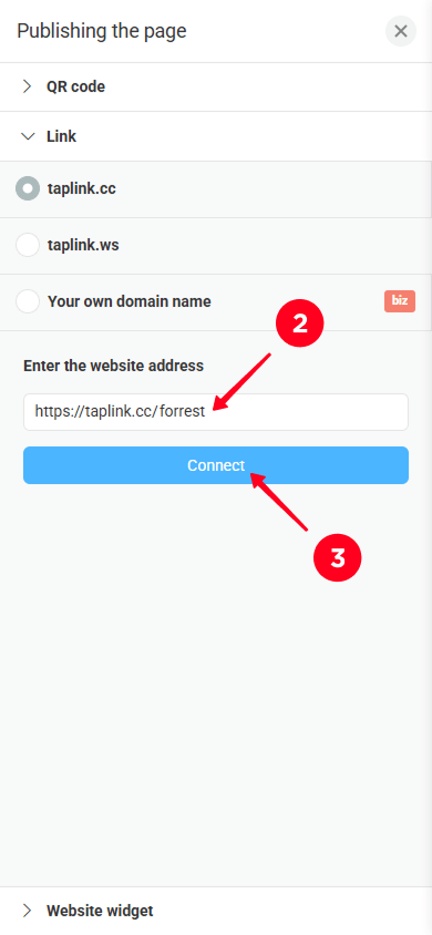 Entering a username and tapping Connect on the Publishing page