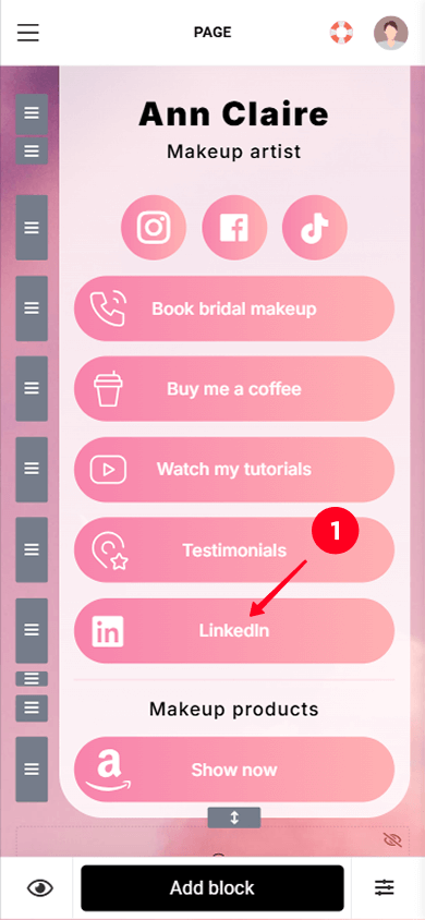Tapping the LinkedIn button in the Taplink link tree builder