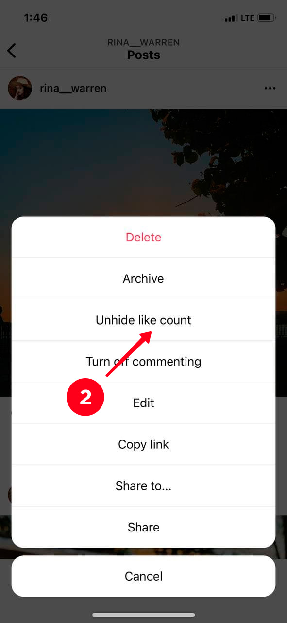 Choosing Unhide like count in the Instagram post menu