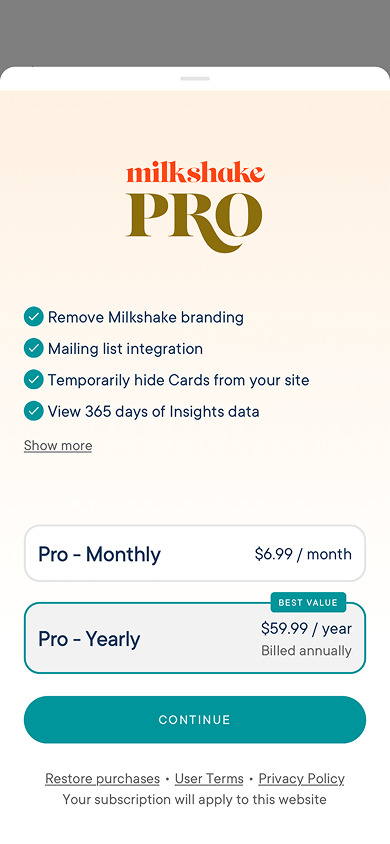 The Milkshake app’s Pro plan subscription window