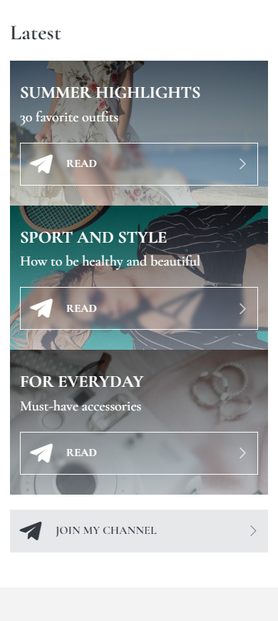 Telegram channel message link section on fashion blogger's link in bio page