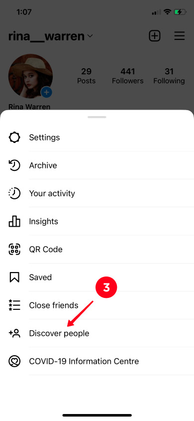 Choosing Discover people in the Instagram app