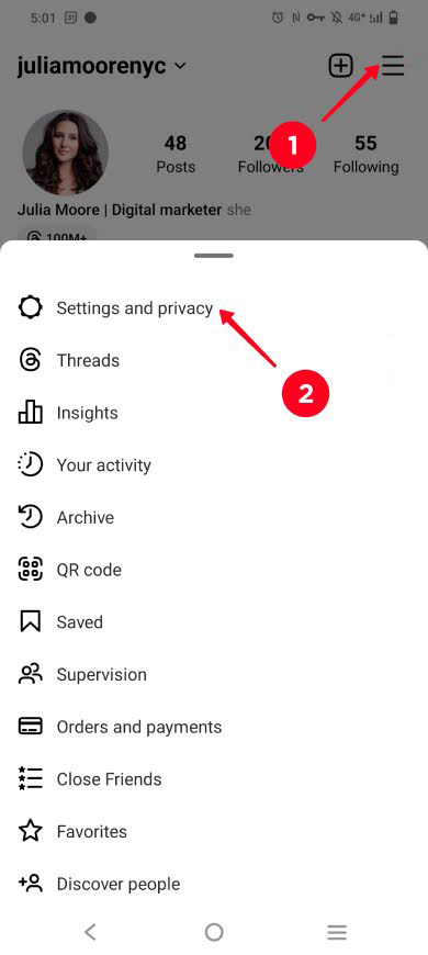 Opening Instagram account settings in the app